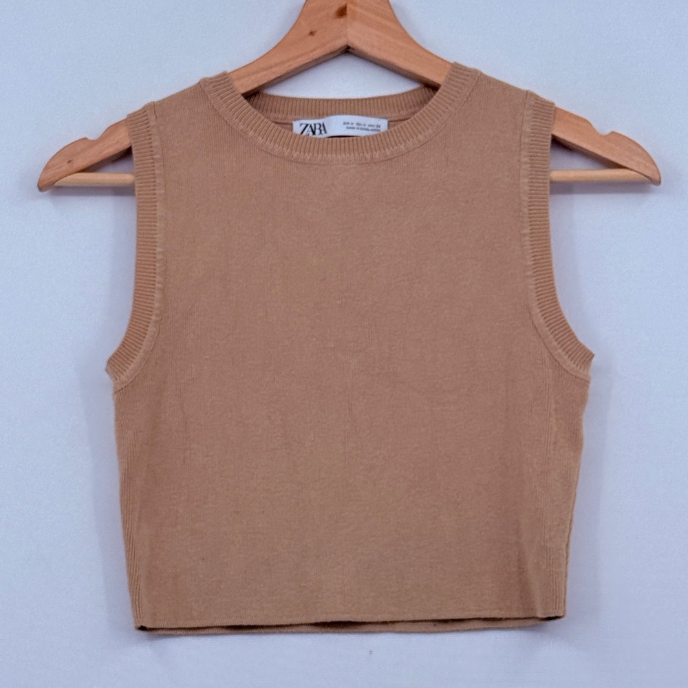 Zara Knit Sweater Vest Womens Medium Tan Cropped Sleeveless Minimalist Chic